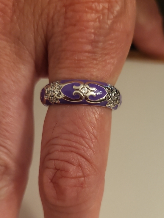 Jewelry - Sterling Silver 925 Purple Enamel CZ Floral wide band ring